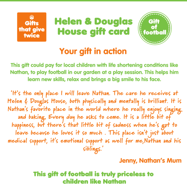 A graphic explaining the benefits of 'Gift of football', part of Charity Gift Cards