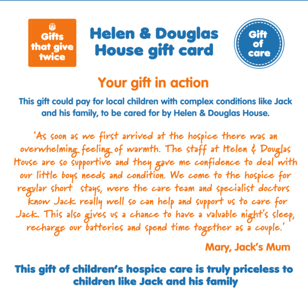 A graphic explaining the benefits of 'Gift of children's hospice care', part of Charity Gift Cards
