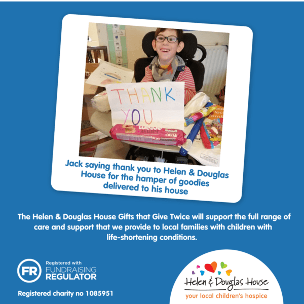 A graphic showing a smiley boy holding a thank you message