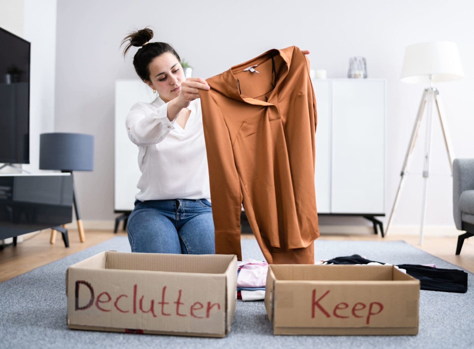 wardrobe-clear-out-2760 volunteer and customer with clothing