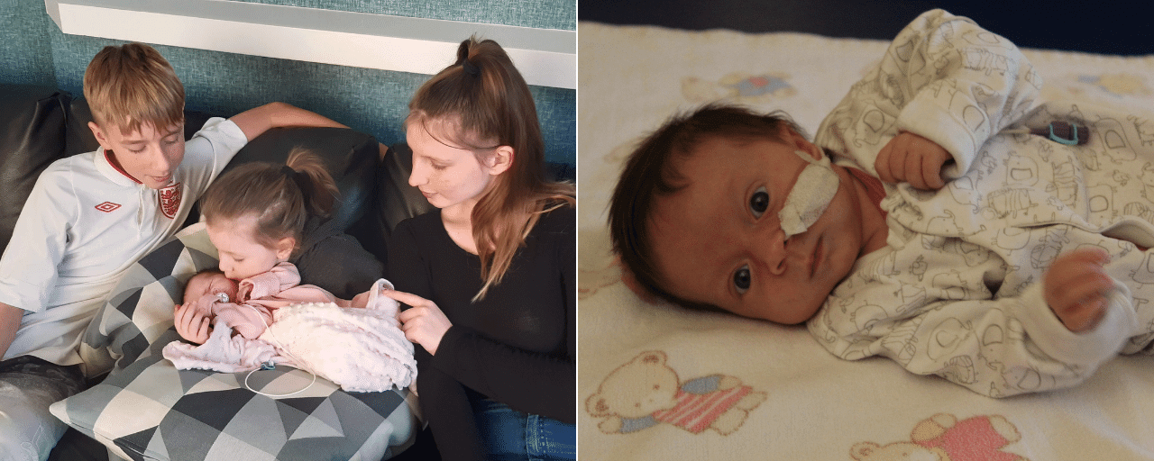 Row of two images showing a little baby girl and her family